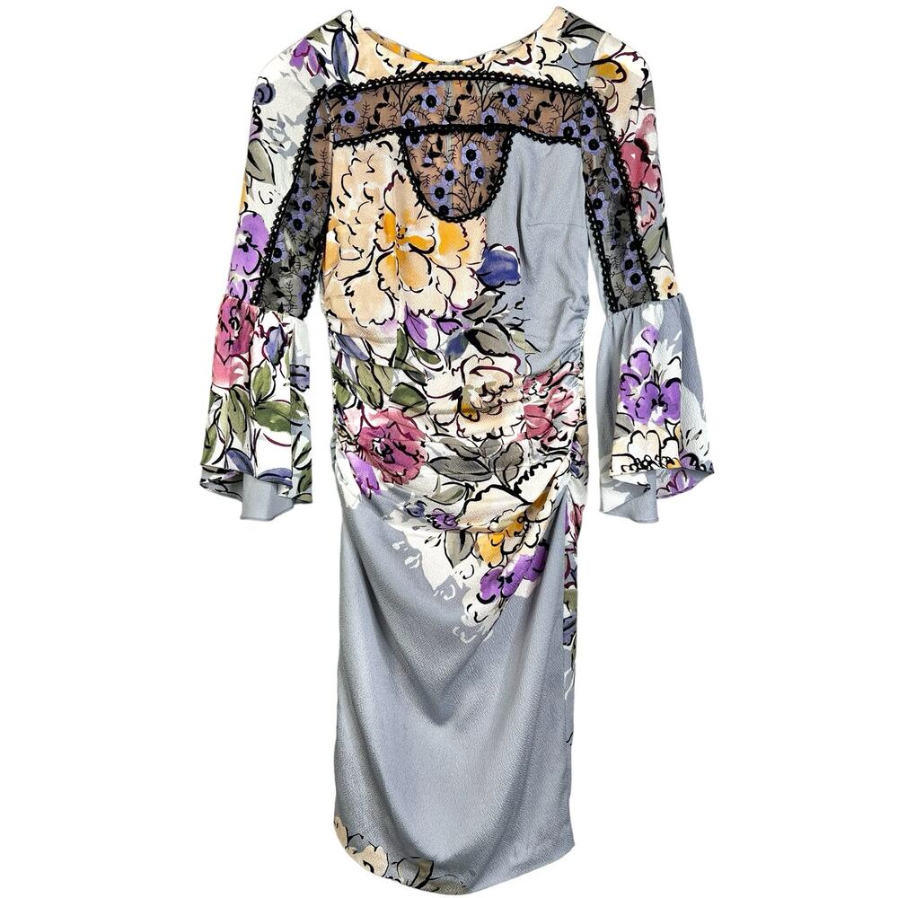 Tracy Reese Womens Size 0 Floral Lace 3/4 Sleeve Ruched Sheath Dress Grey Violet - Picture 3 of 16